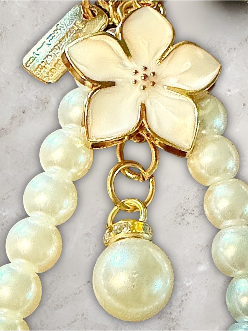 Gold & Enamel Floral Faux Pearl Beaded Bag Charm Keychain Just Fashion Fun - Picture 2 of 3